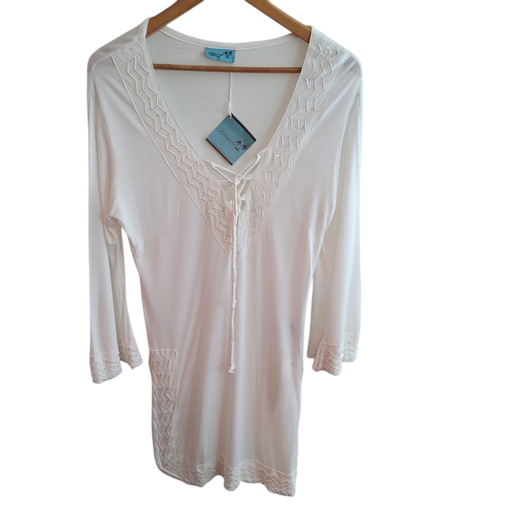 NWT Handmade Letarte Sequin & Beaded Lace Up Tunic Dress/Swimsuit Cover Up